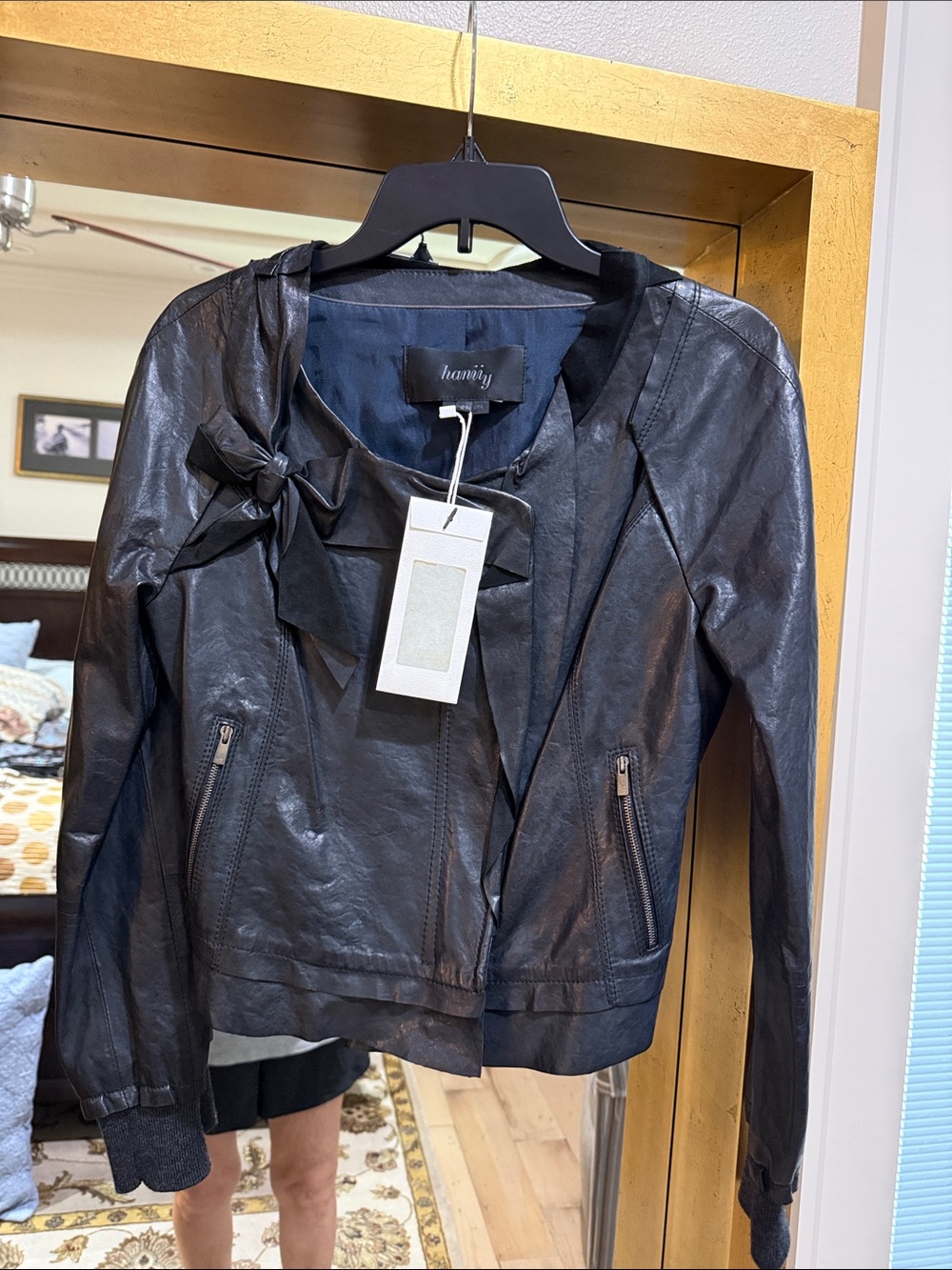 Hanii Y Black Leather Jacket with Bow Detail - Women